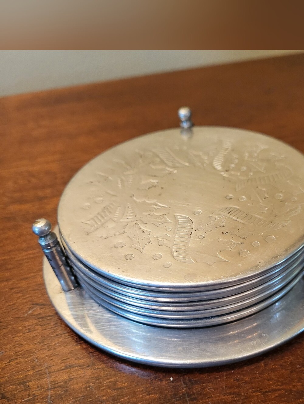 Vintage Silver Plated Coaster Set of 5 Coasters w Caddy Ornate Wreath Etched